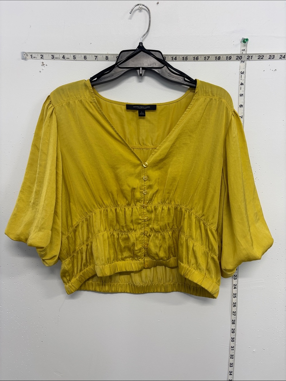 V-neck Short Puff Sleeve Blouse in Mustard